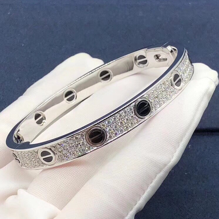 Bracelet Love Cartier personnalisé en or blanc 18 carats,Céramique noire et pavée de diamants
