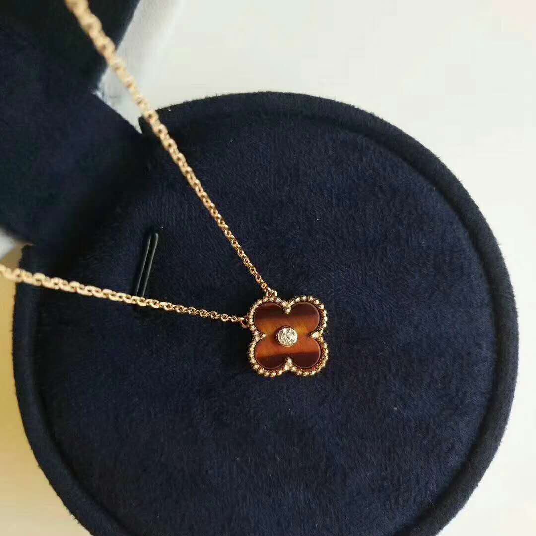 Customize Van Cleef & Arpels Vintage Alhambra Necklace in 18K Pink Gold,Carnelian and Diamonds