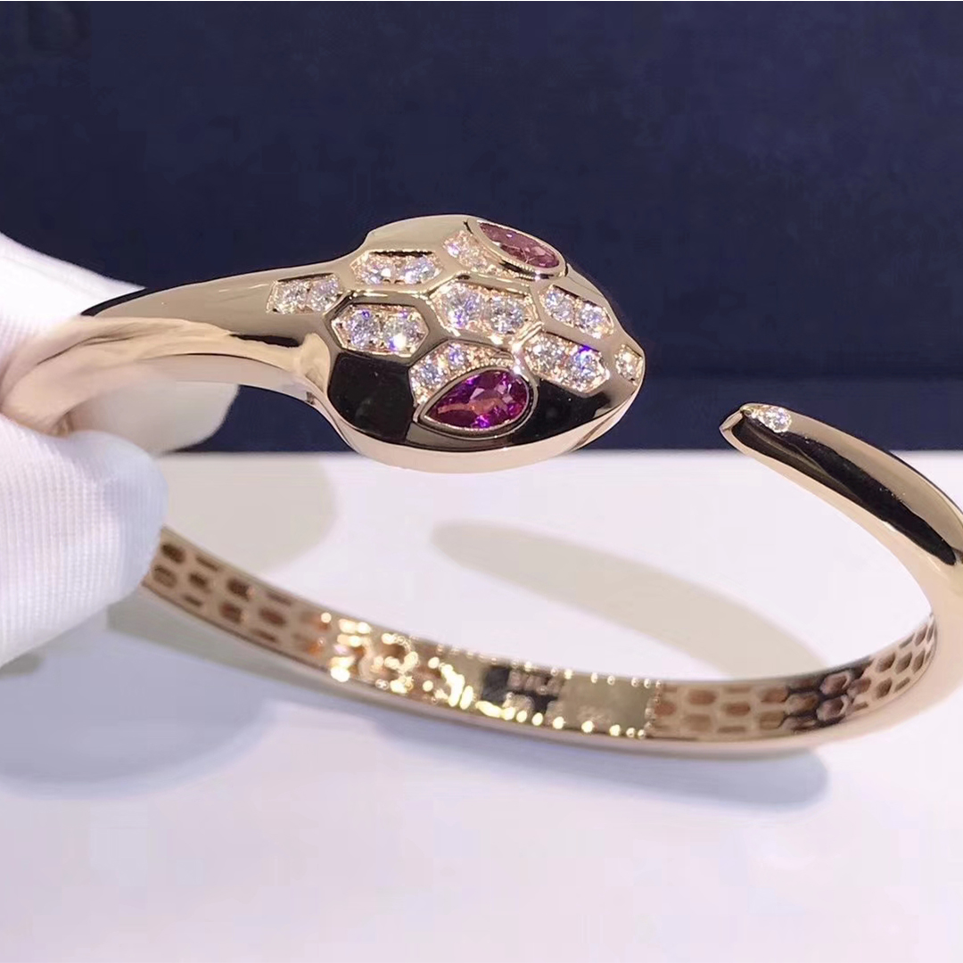 Custom Made Bvlgari Serpenti Bracelet with Rubellite Eyes in 18K Pink Gold and Diamonds