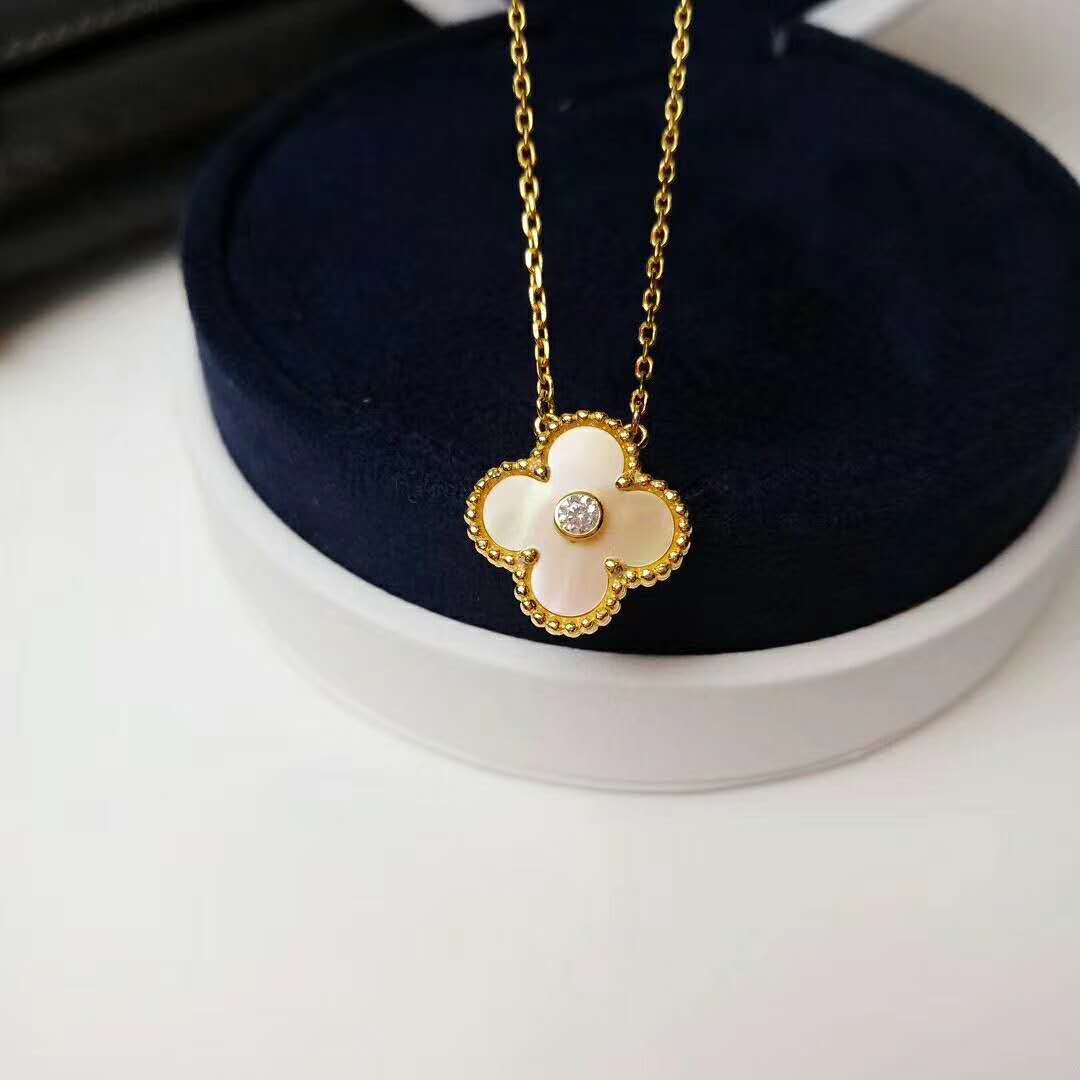 Van Cleef & Arpels Vintage Alhambra Necklace Customized in 18K Yellow Gold,Golden Mother-of-pearl and Diamonds