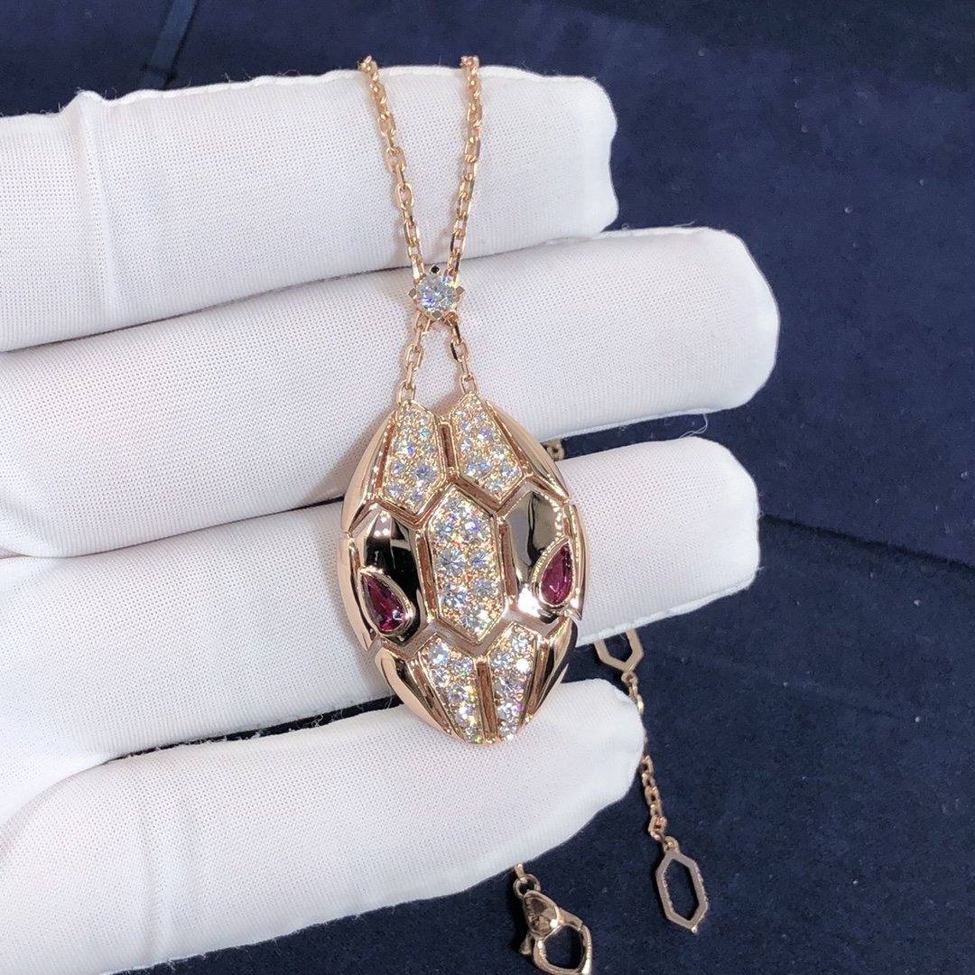 Customize Bulgari Serpenti Necklace with Rubellite Eyes in 18K Pink Gold and Pave Diamonds