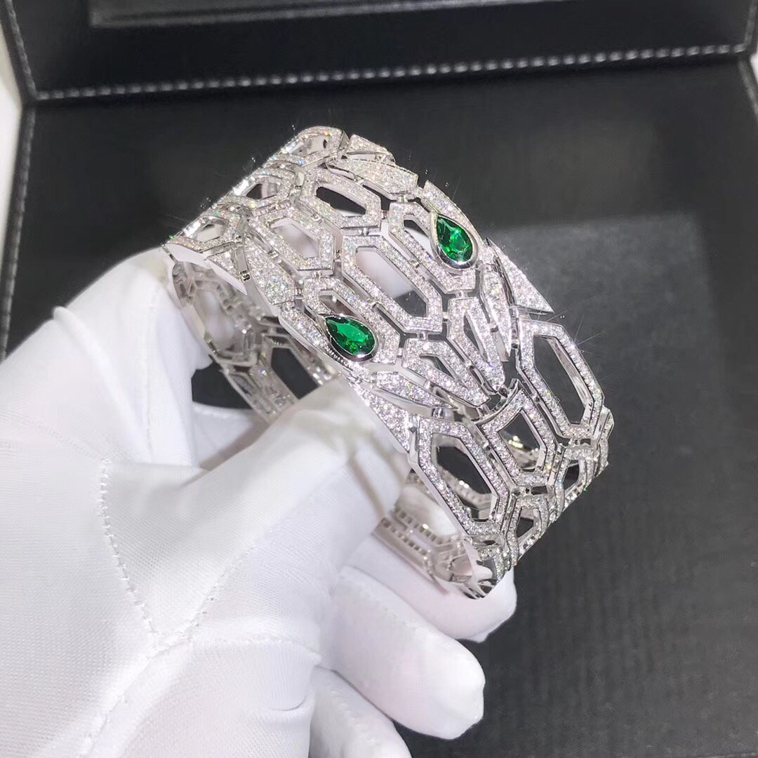 Bvlgari Serpenti Bracelet Customized in 18K White Gold,Emerald and Pave Diamonds