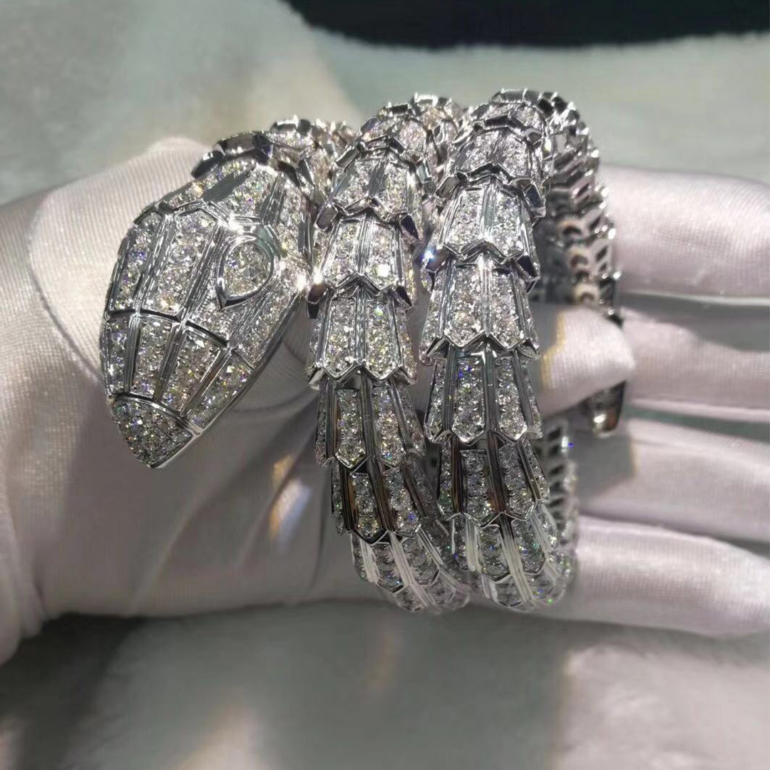 Custom Made Bvlgari High Jewellery Serpenti Bracelet in 18K White Gold and Pave Diamonds
