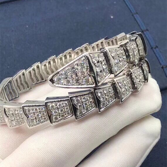 Bvlgari Serpenti One-coil Bracelet Custom Made in 18K White Gold and Pave Full Diamonds,Regular Size
