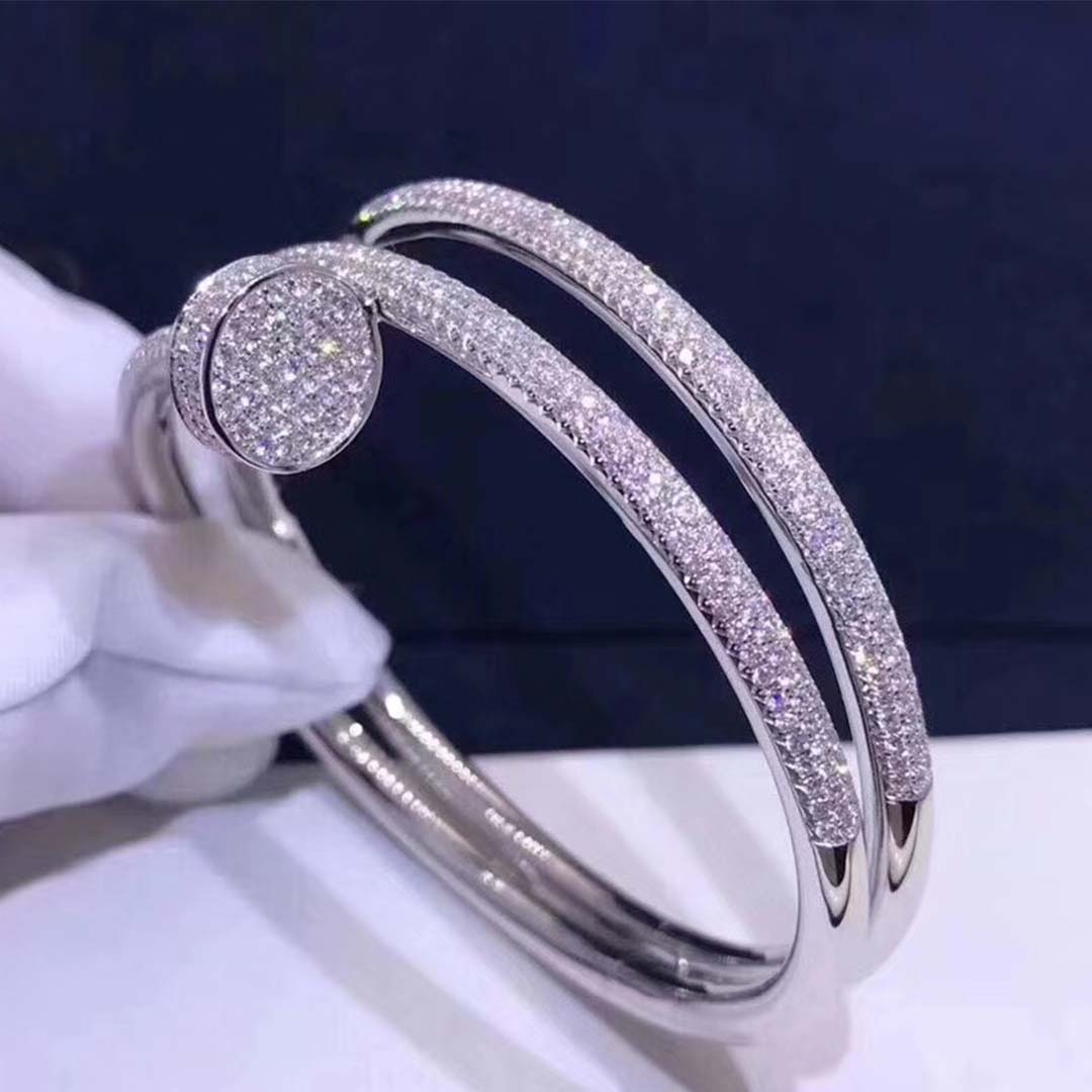 Custom Made Cartier Juste un Clou 2 Rows Nail Bracelet in 18K White Gold and Pave Diamonds