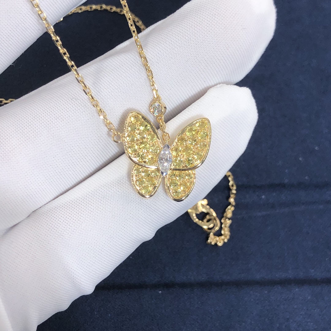 Pendentif VCA Two Butterfly fait sur mesure en or jaune 18 carats,Saphirs jaunes ronds,Diamants ronds et taille marquise