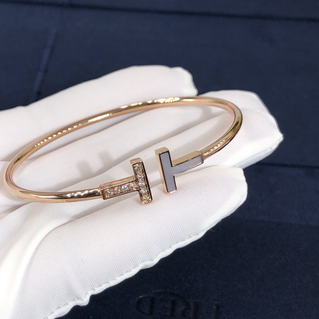 Custom Made Tiffany & co. T Wire Bracelet in 18Kt Pink Gold,Diamonds and Mother-of-pearl