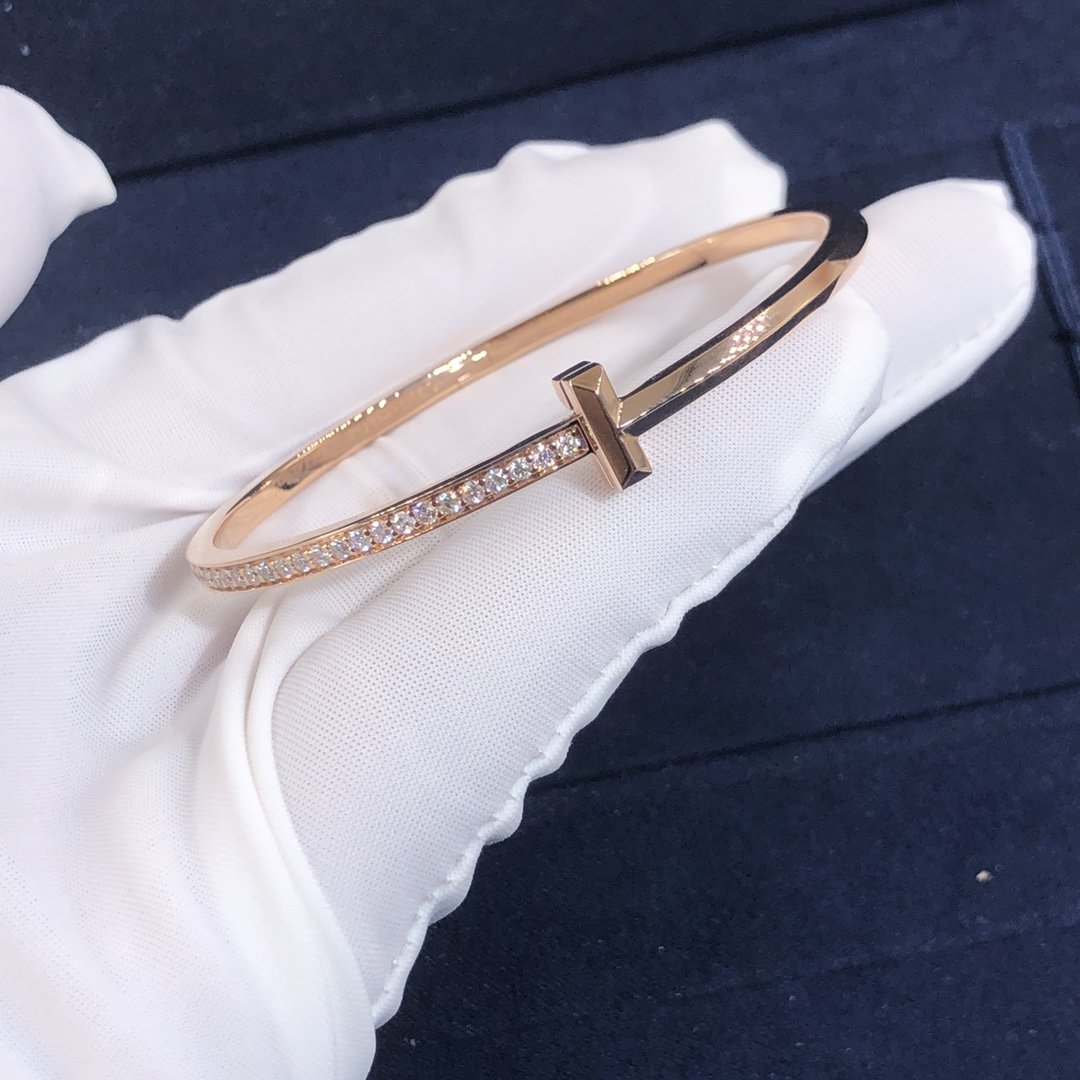 Custom Made Tiffany T1 Narrow Diamond Hinged Bangle in 18K Pink Gold with Round Brilliant Diamonds