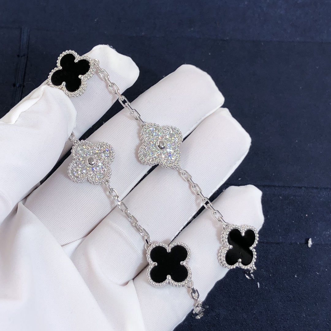 VCA Vintage Alhambra 5 Motifs Bracelet Custom Made in 18K White Gold,Onyx with Diamonds
