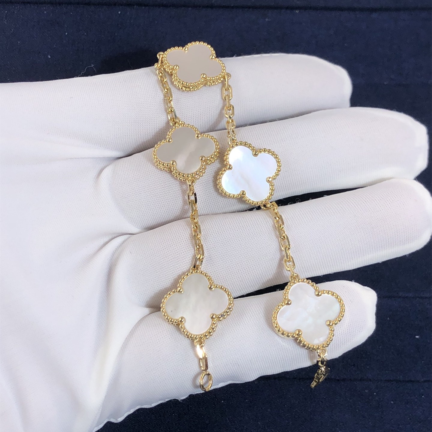 VCA Vintage Alhambra Bracelet with 5 Motifs Customize in 18K Yellow Gold and Mother-of-pearls
