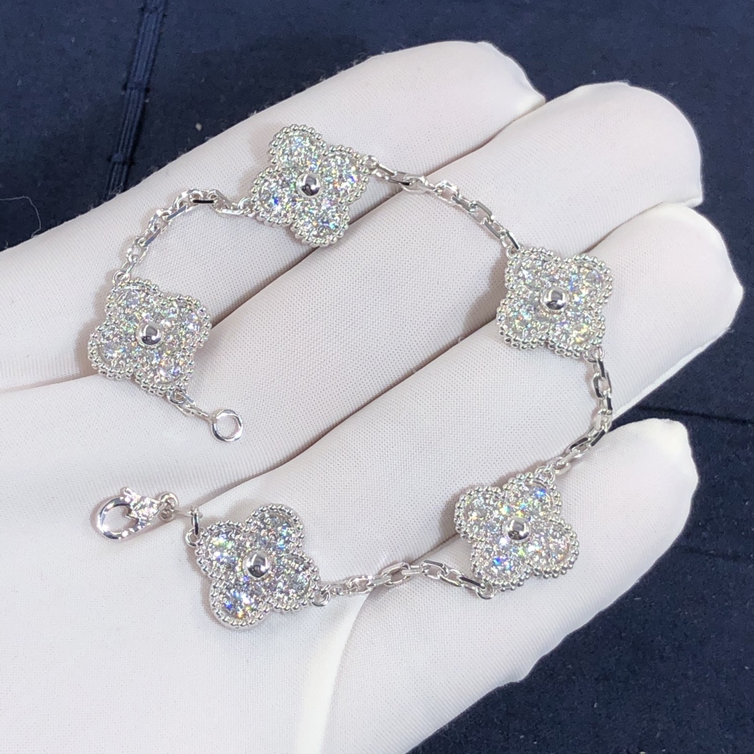 Van Cleef & Arpels Vintage Alhambra 5 Motifs Bracelet Custom Made in 18K White Gold with Diamonds