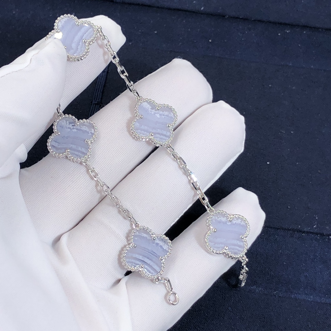 Custom Made Van Cleef & Arpels Vintage Alhambra 5 Motifs Bracelet in 18K White Gold with Chalcedony