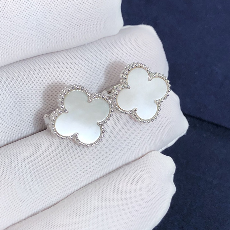 Custom Made Van Cleef & Arpels Sweet Alhambra Earstuds in 18K White Gold and White Mother-of-pearl