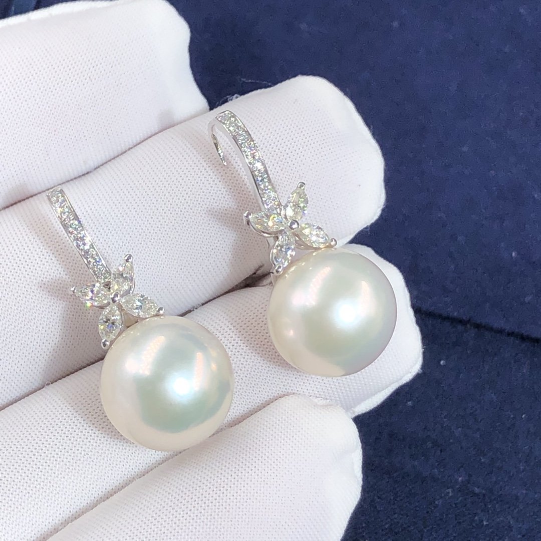 Tiffany & co. Victoria Earrings Custom Made in Platinum set with Pearl and Diamonds