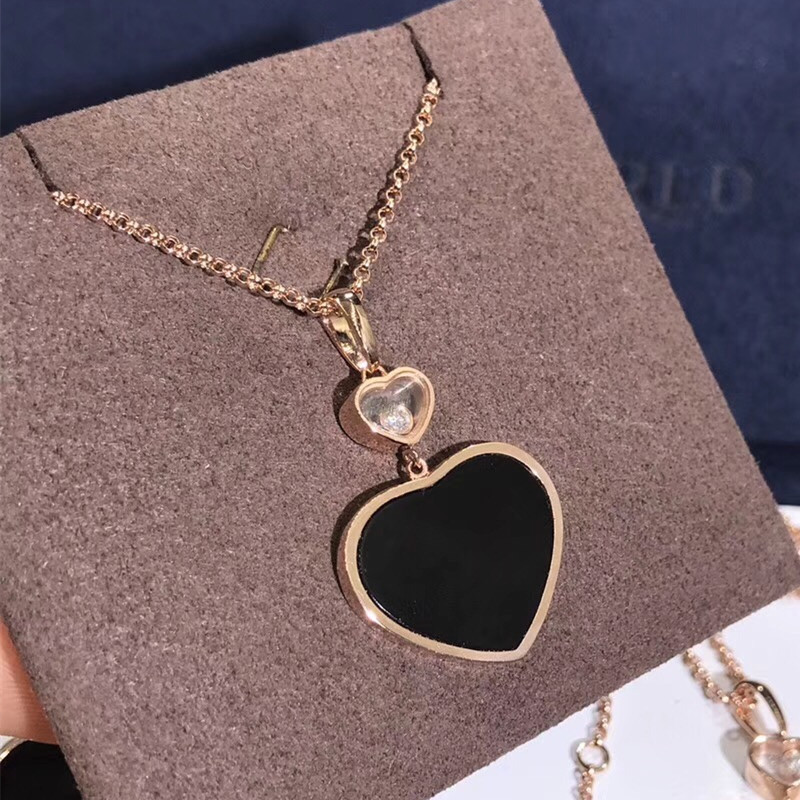 Chopard Happy Hearts Necklace Custom Made in 18K Rose Gold with a Diamond and Onyx
