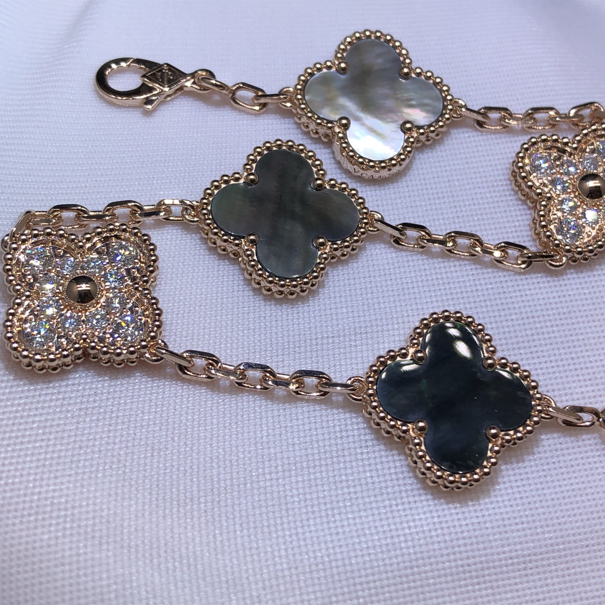 Custom Made Van Cleef & Arpels Vintage Alhambra 5 Motifs Bracelet in 18K Rose Gold, Gray Mother-of-pearl and Round diamonds