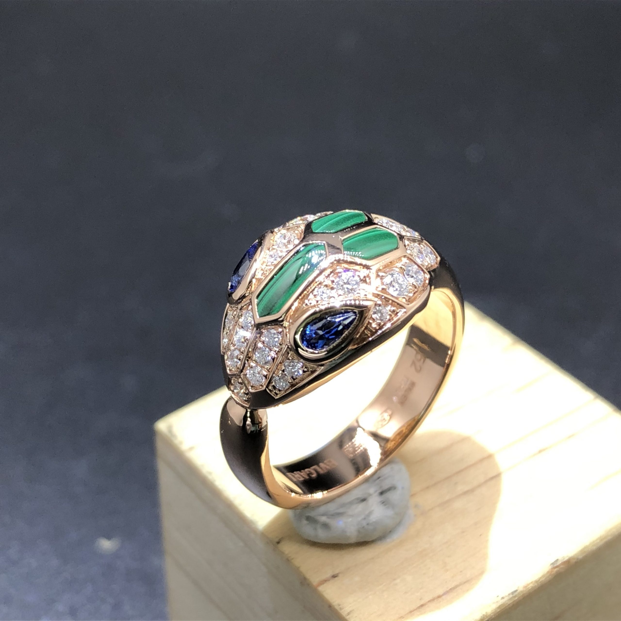 Bvlgari Serpenti Ring Custom Made in 18Kt Rose Gold with Blue Sapphire Eyes,Malachite and pavé Diamonds