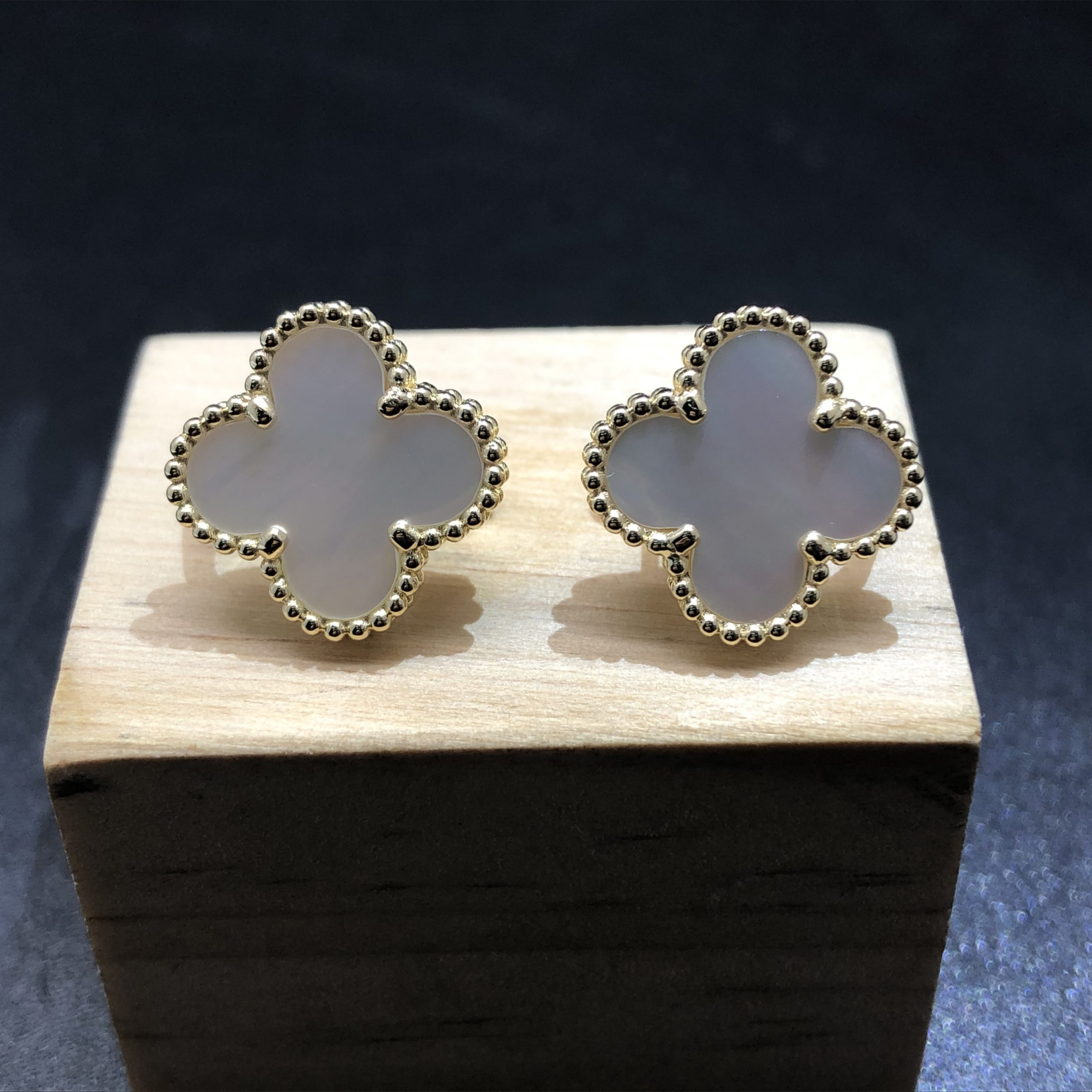 Van Cleef & Arpels Vintage Alhambra Earrings Custom Made in 18K Yellow Gold and Mother-of-pearl